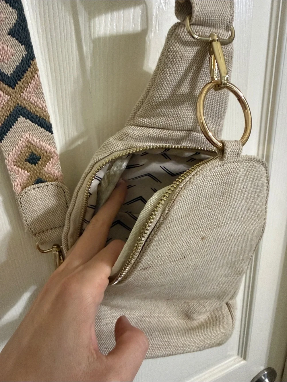 Neutral Canvas Crossbody Sling Bag with Patterned Strap total 3 big pockets
